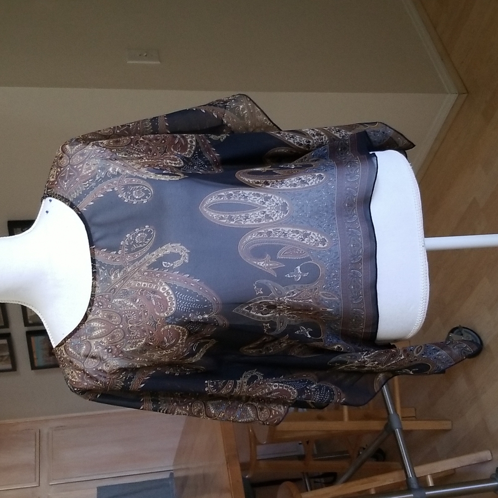 Fire Los Angeles Sheer Polyester Black, Brown & Blue Top Batwing Sleeves